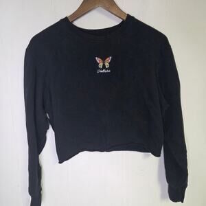 Hollister Cropped Crewneck Sweatshirt Black Butterfly Graphic Size Small